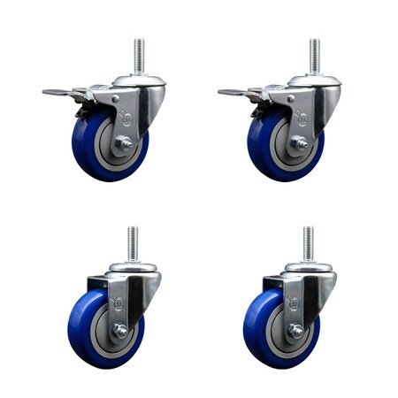 Service Caster 35 Inch Blue Polyurethane Swivel 34 Inch Threaded Stem Caster Set 2 Total Lock Brakes SCC-TSTTL20S3514-PPUB-BLUE-34212-2S2
